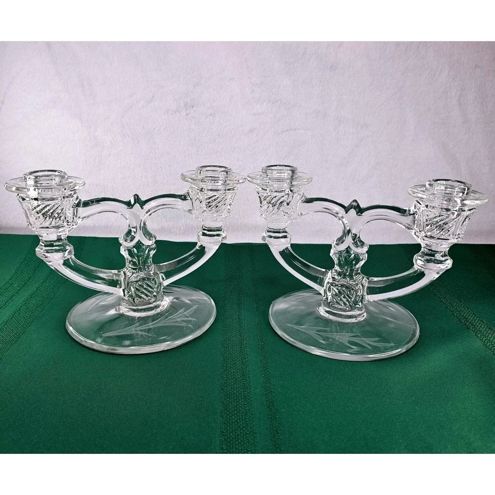 Pair Vintage Etched Glass Taper Candle Holders Double Arm Candelabra Crystal‎